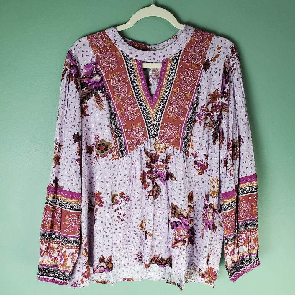 Maurices Womens Plus Size Purple Floral Long Sleeve Boho Blouse Top Size 1X